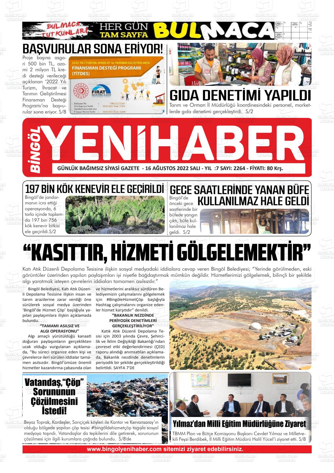 16 Ağustos 2022 Bingöl Sürmanşet Gazete Manşeti