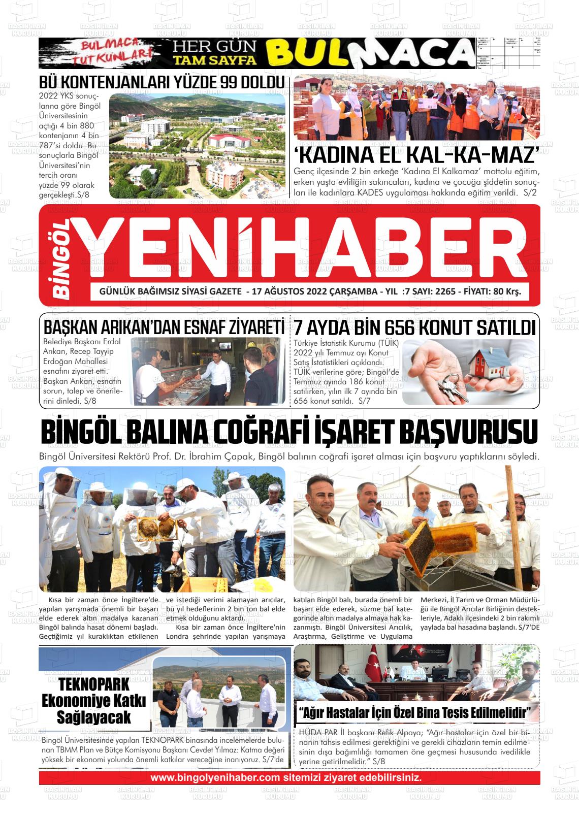 17 Ağustos 2022 Bingöl Sürmanşet Gazete Manşeti