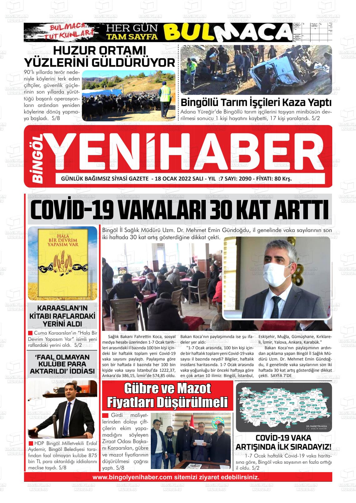 18 Ocak 2022 Bingöl Sürmanşet Gazete Manşeti