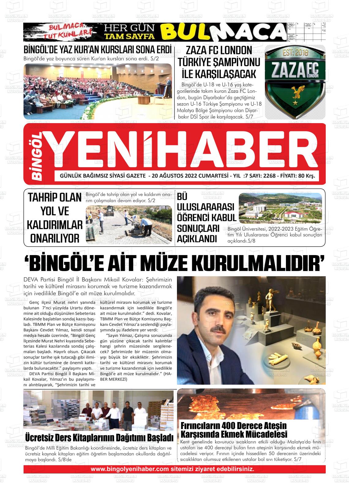 20 Ağustos 2022 Bingöl Sürmanşet Gazete Manşeti