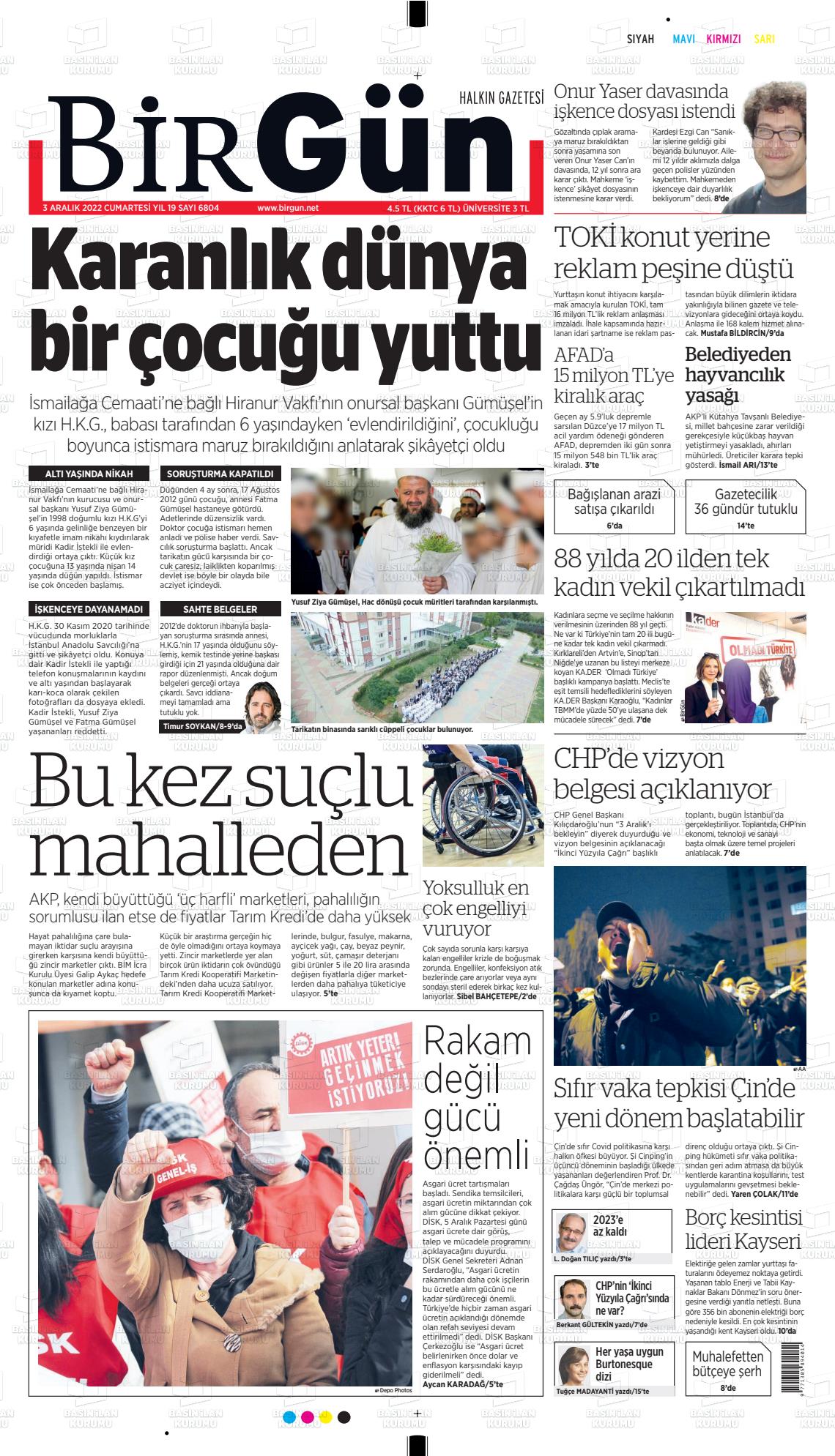 03 Aralık 2022 Birgün Gazete Manşeti