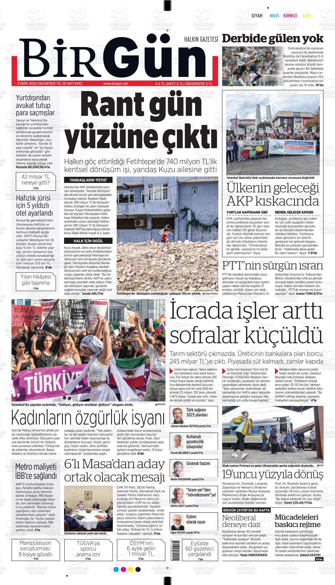 03 Ekim 2022 Birgün Gazete Manşeti