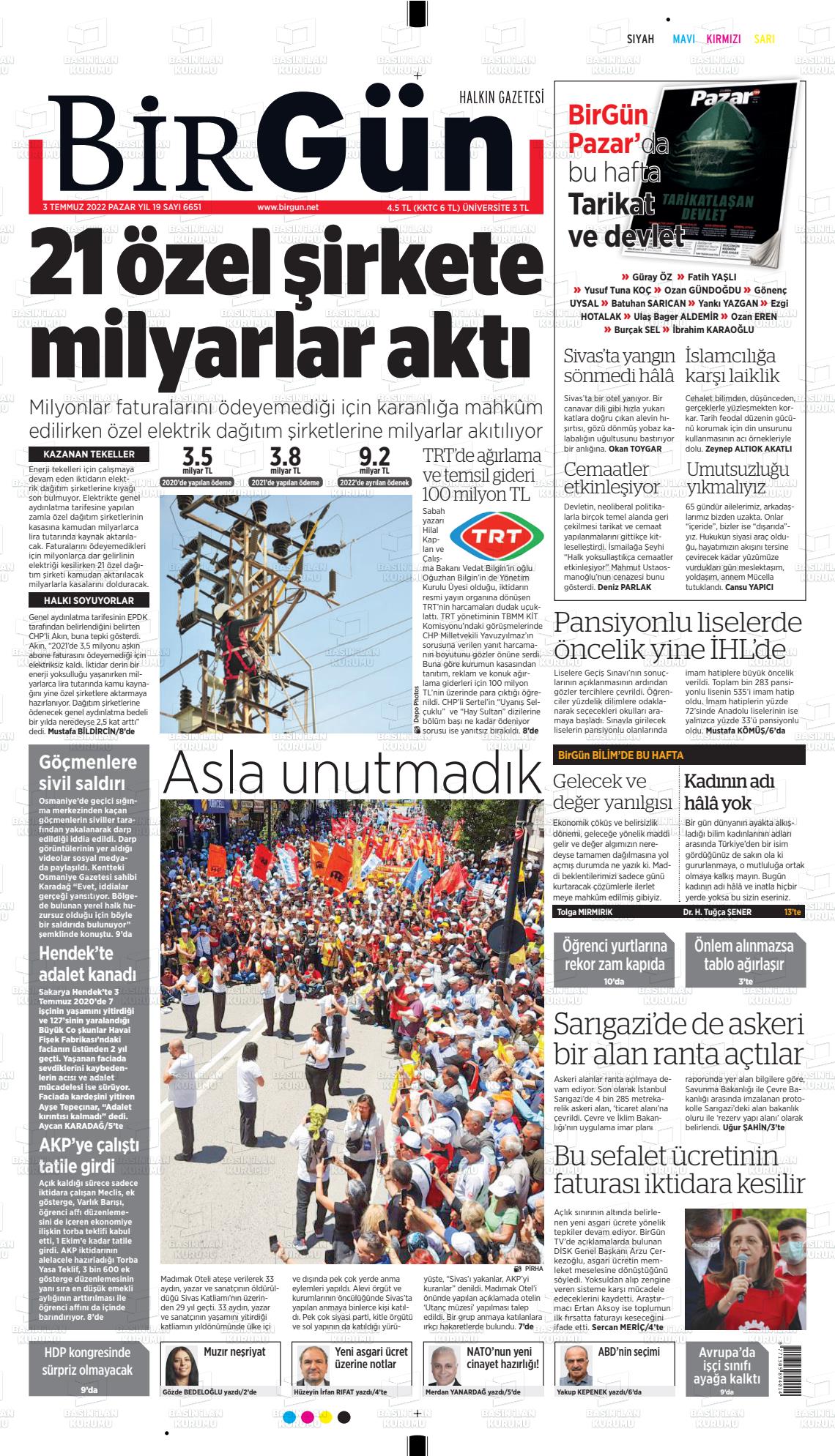 03 Temmuz 2022 Birgün Gazete Manşeti