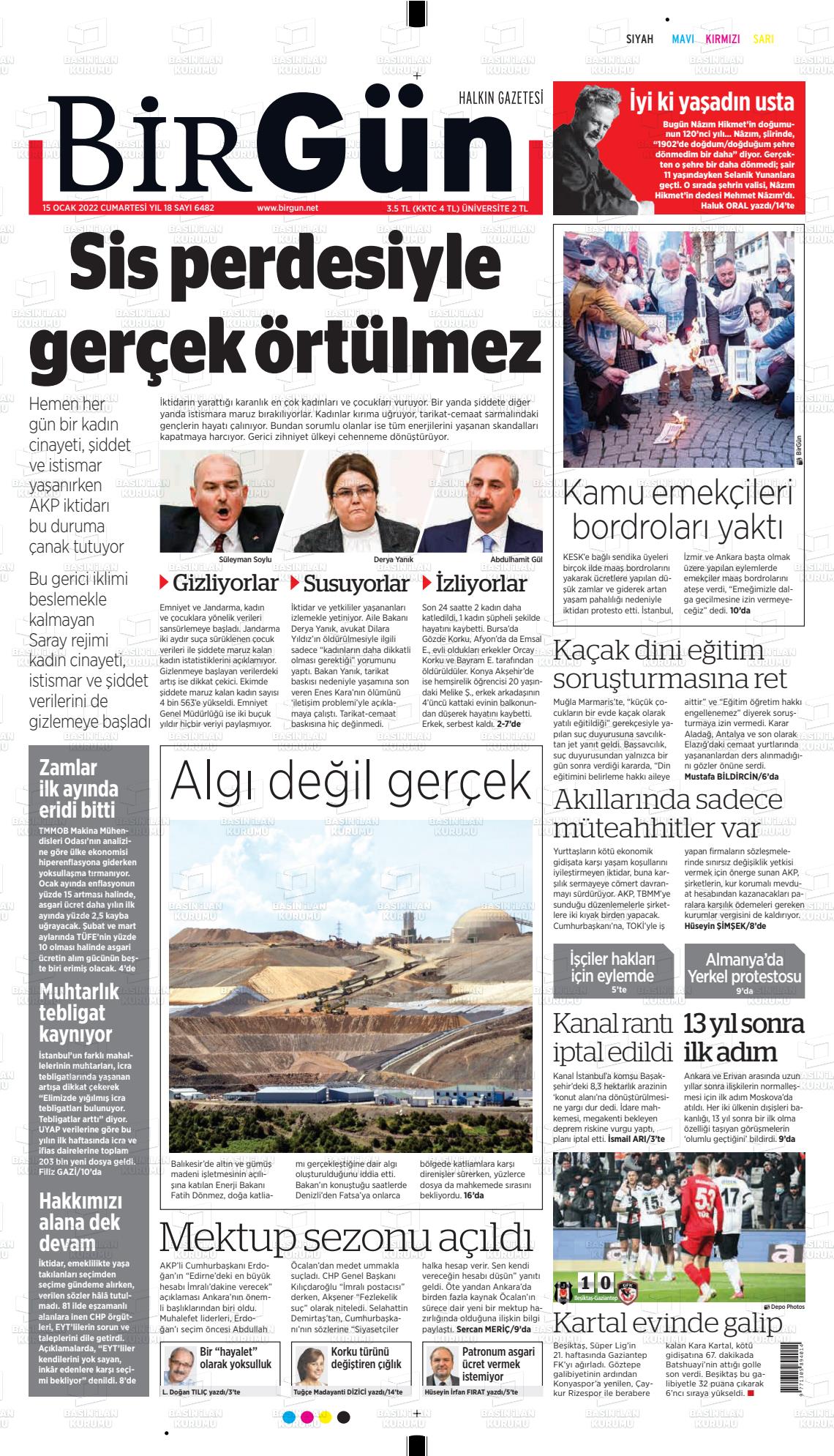 15 Ocak 2022 Birgün Gazete Manşeti