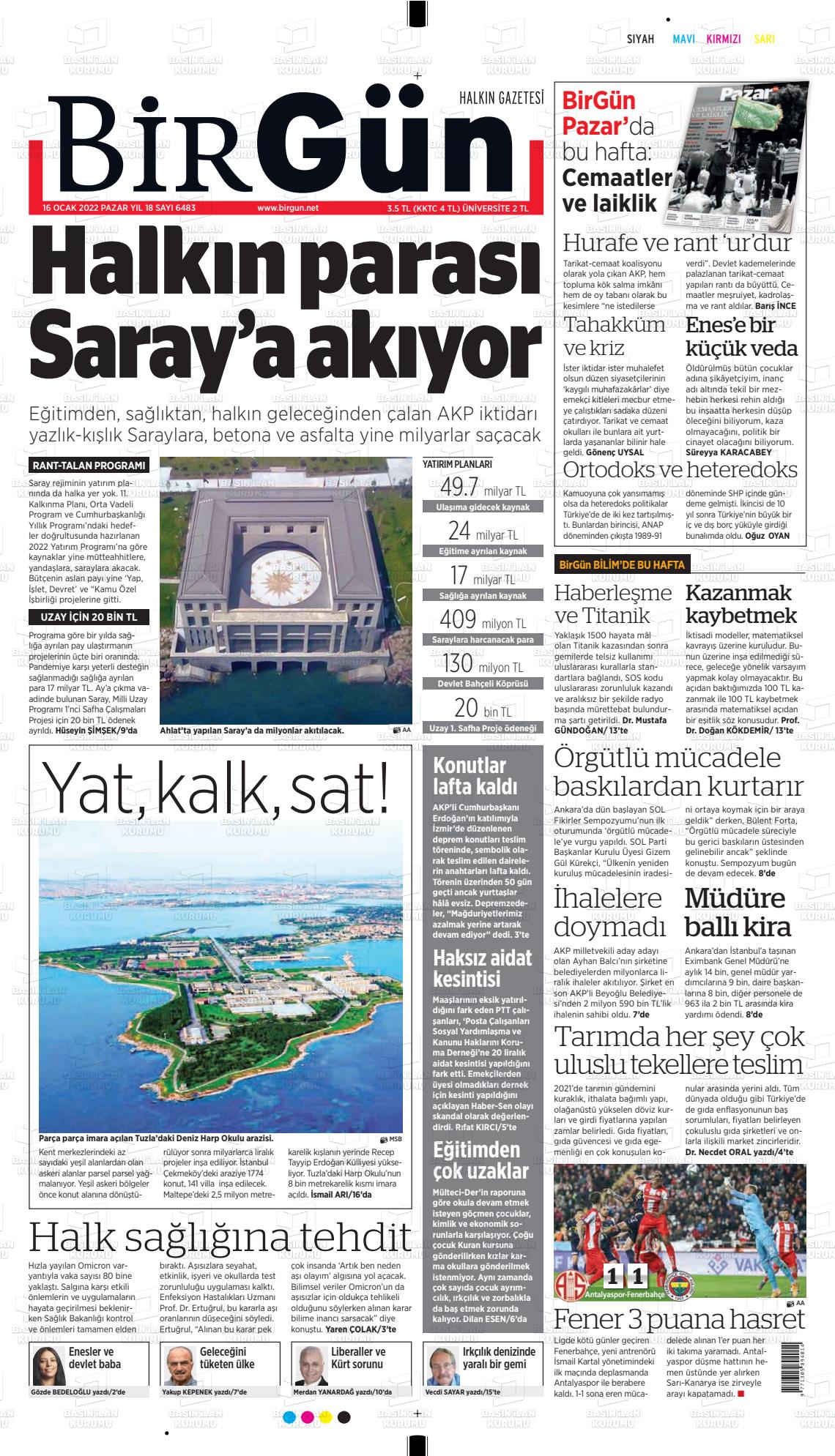 16 Ocak 2022 Birgün Gazete Manşeti