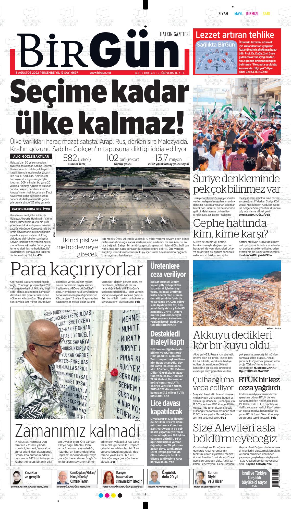 18 Ağustos 2022 Birgün Gazete Manşeti