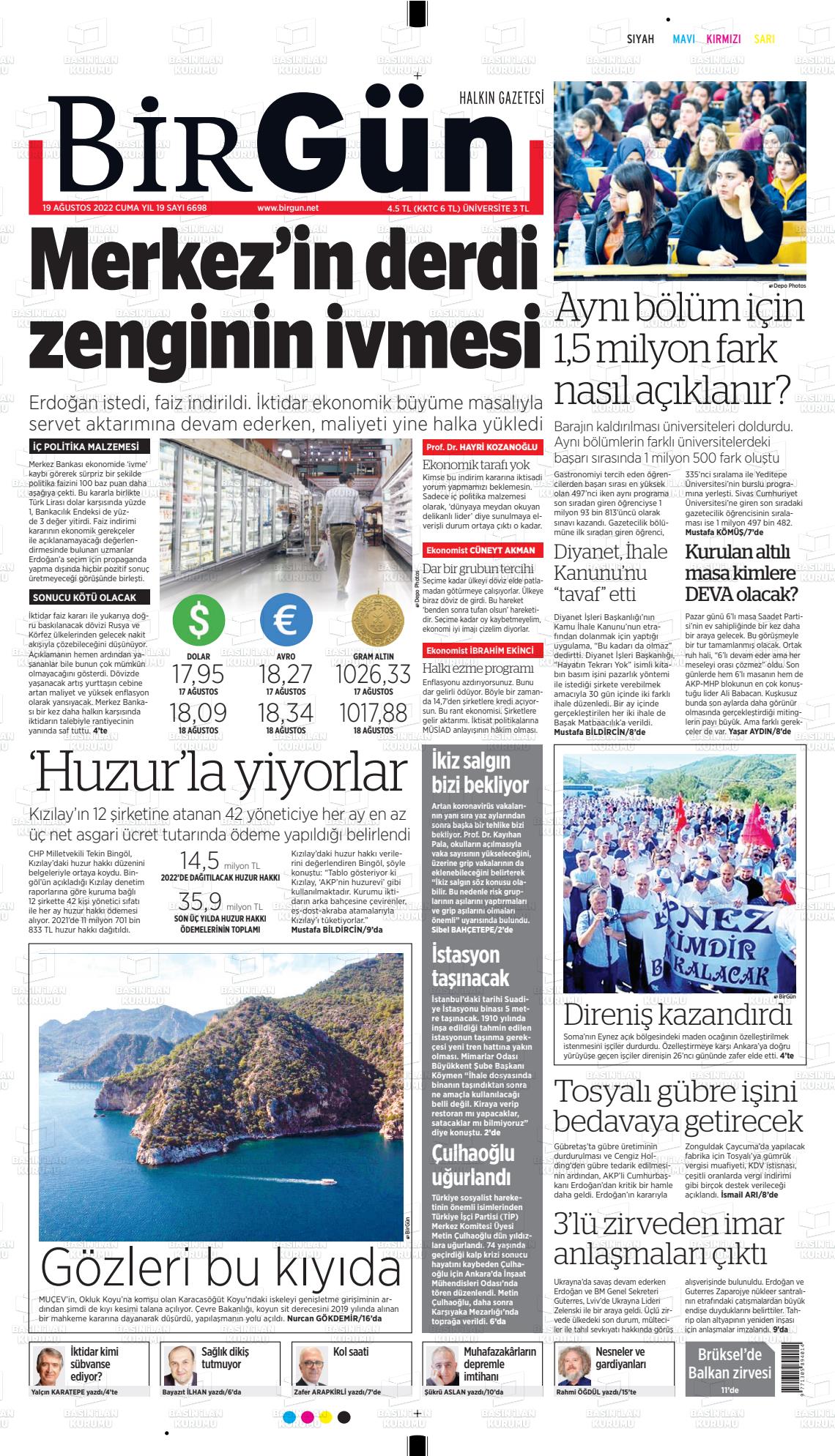 19 Ağustos 2022 Birgün Gazete Manşeti