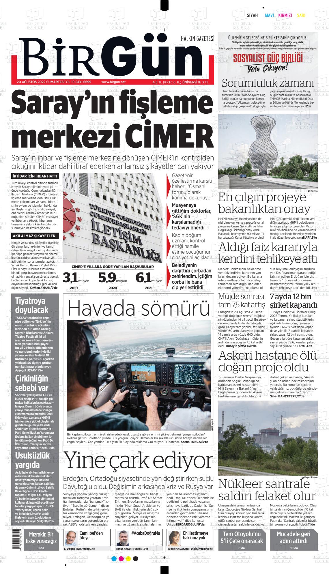 20 Ağustos 2022 Birgün Gazete Manşeti