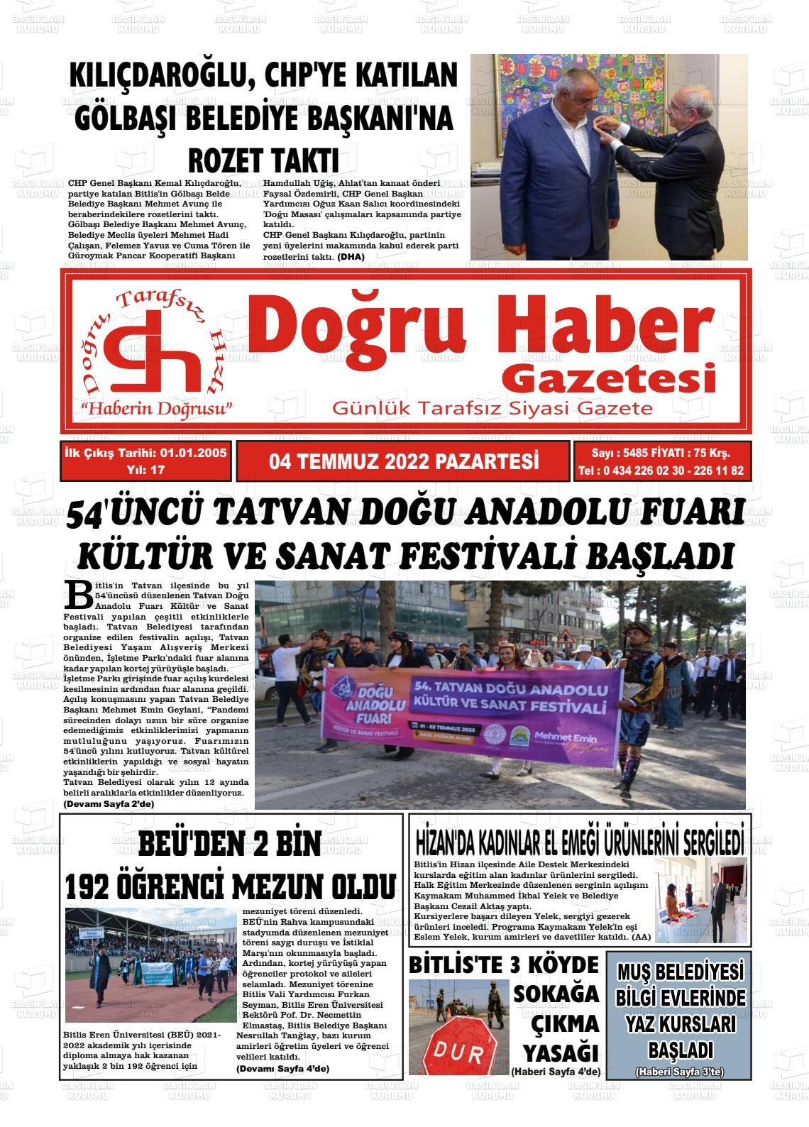 04 Temmuz 2022 Doğru Haber Gazete Manşeti
