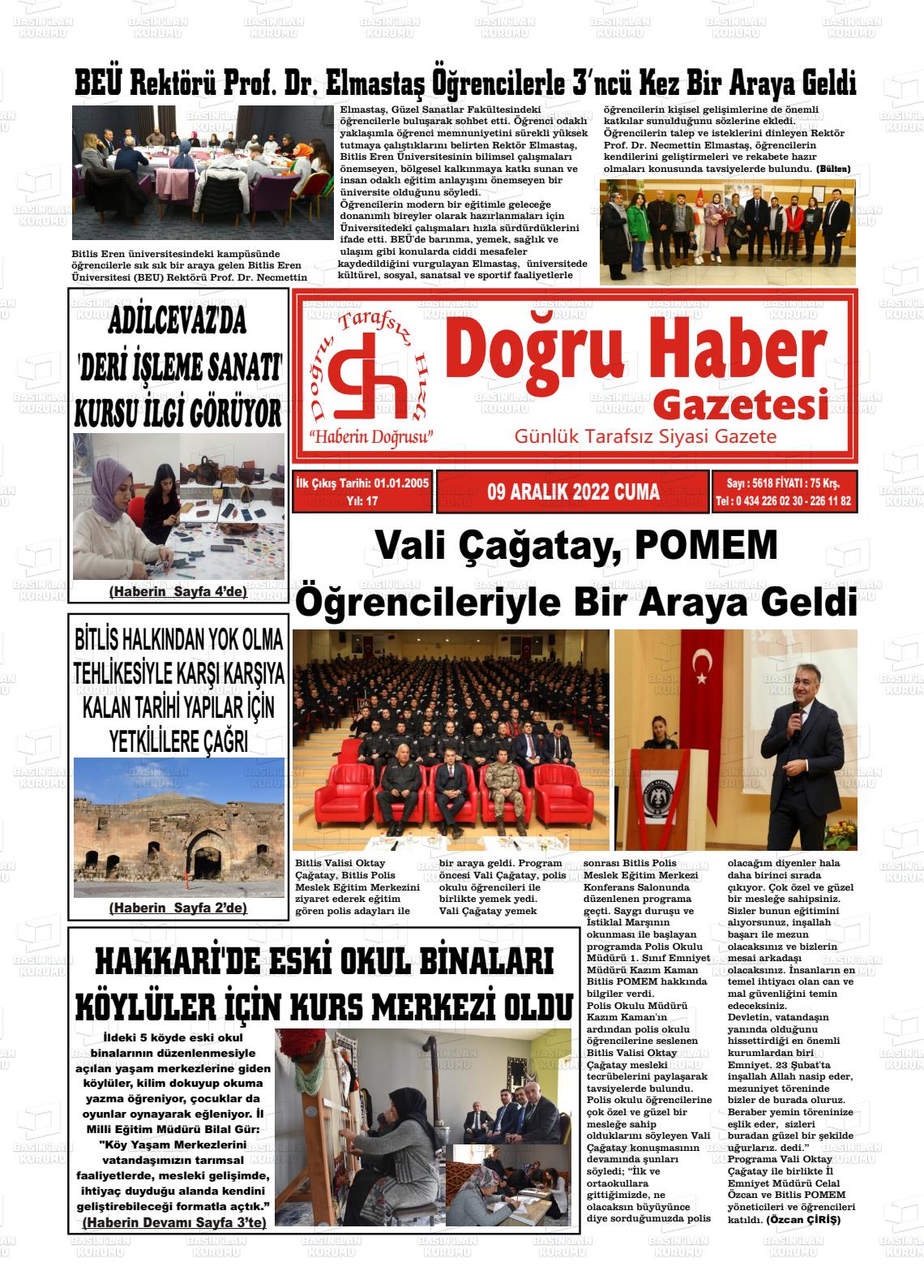 09 Aralık 2022 Doğru Haber Gazete Manşeti