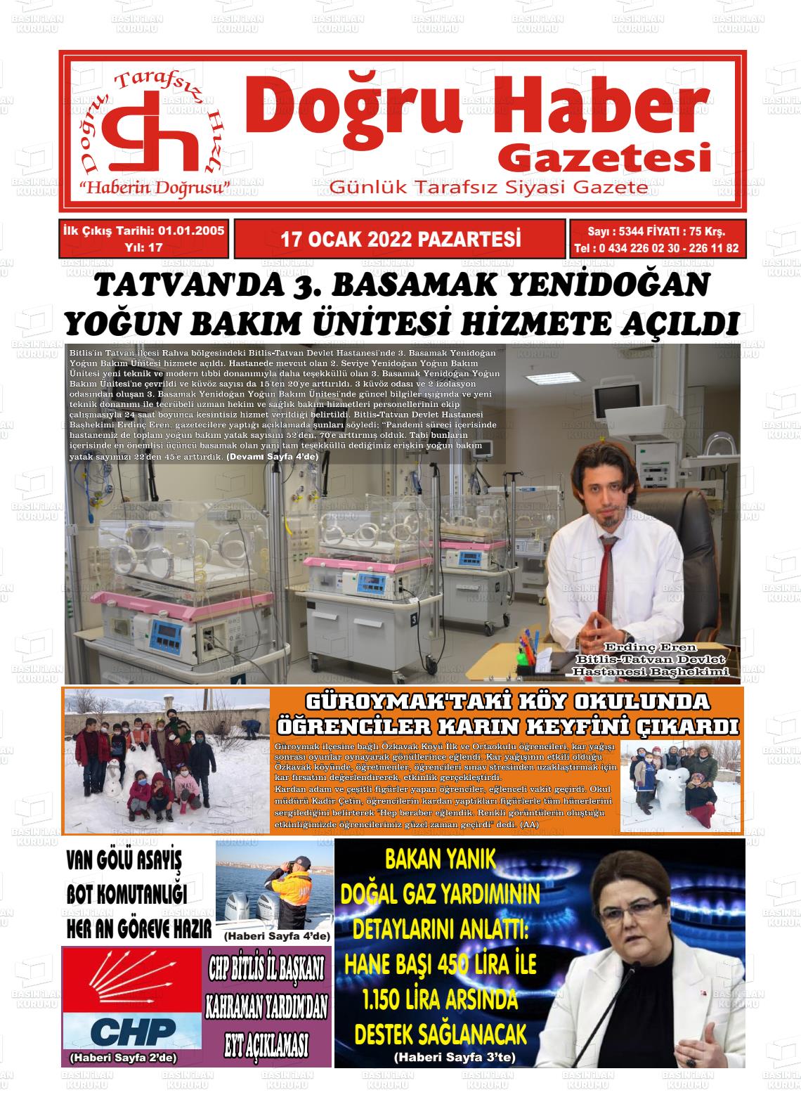 17 Ocak 2022 Doğru Haber Gazete Manşeti