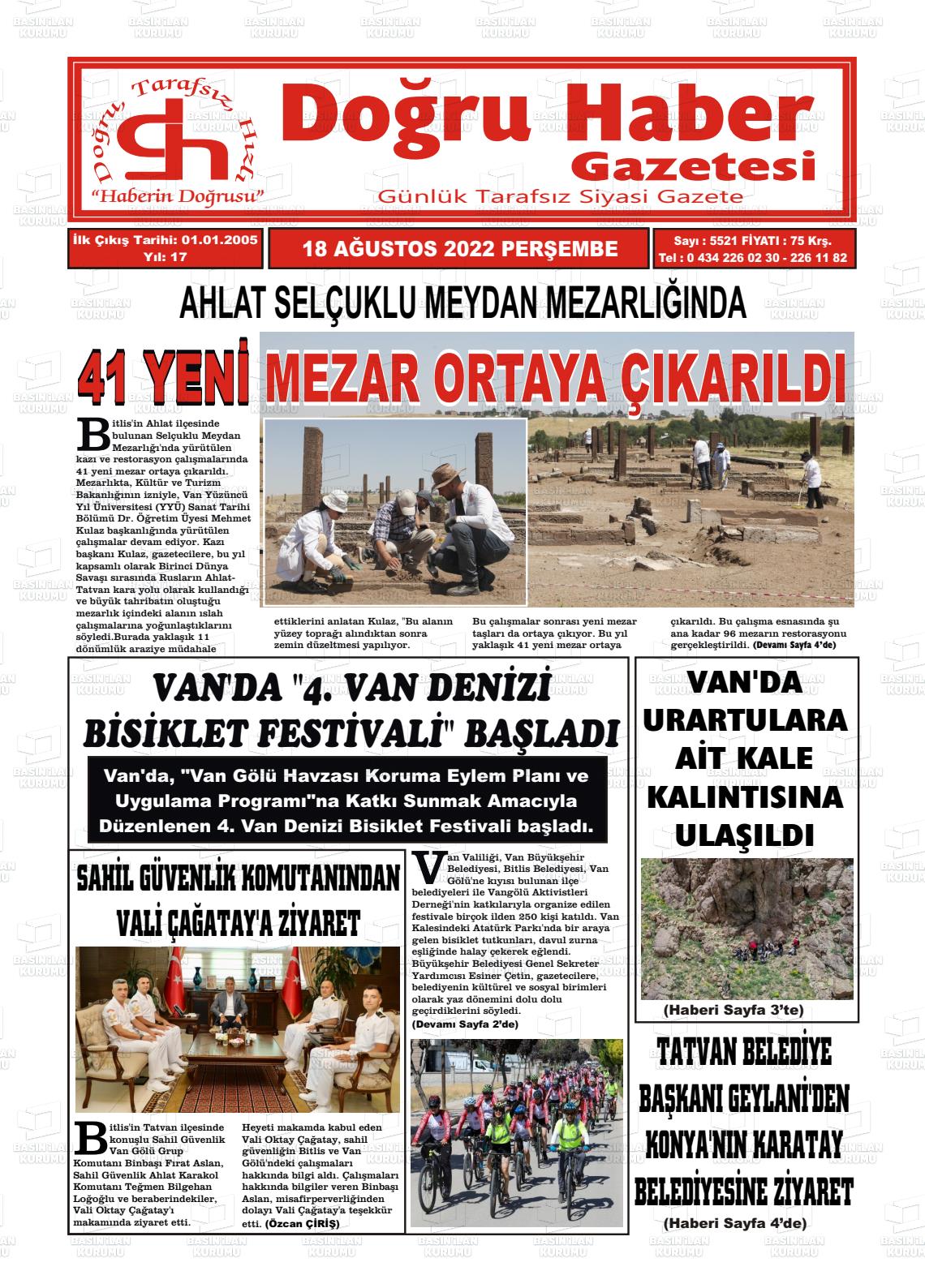 18 Ağustos 2022 Doğru Haber Gazete Manşeti