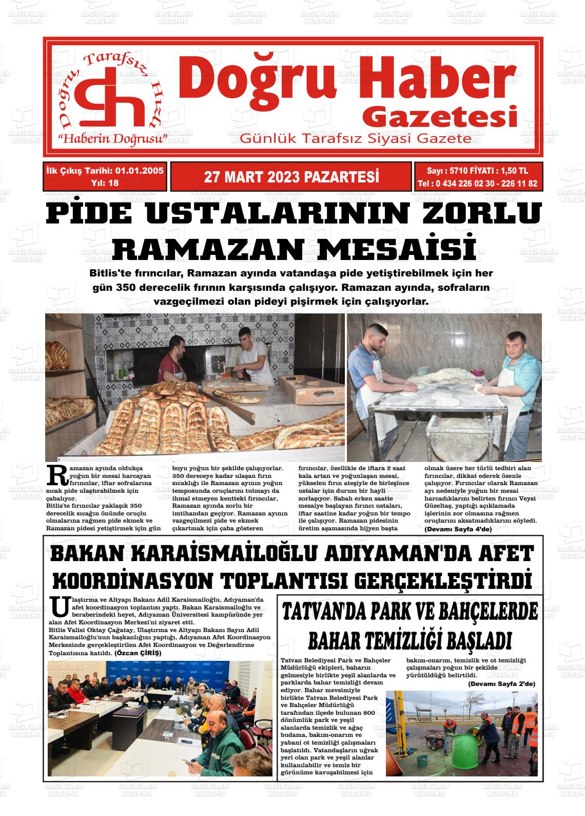 27 Mart 2023 Doğru Haber Gazete Manşeti