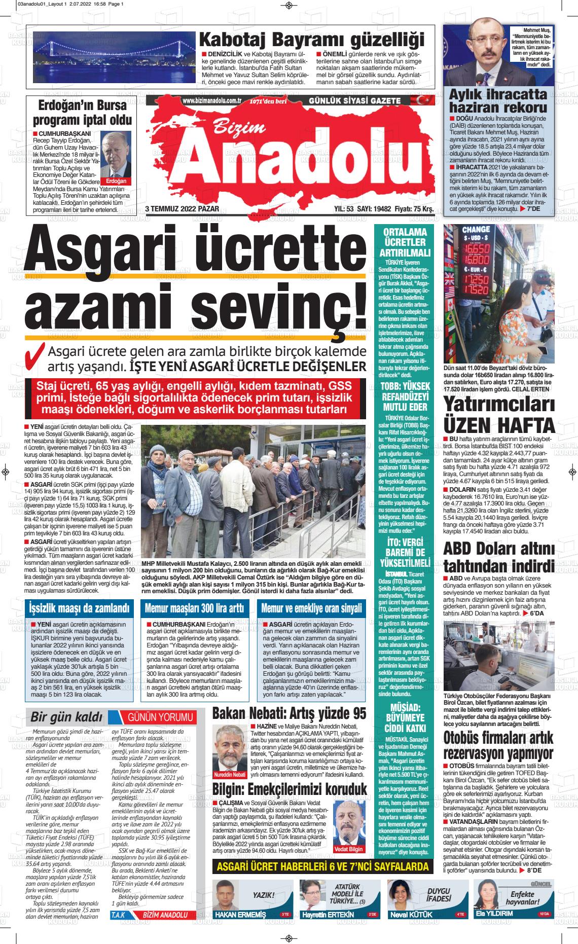 03 Temmuz 2022 Bizim Anadolu Gazete Manşeti