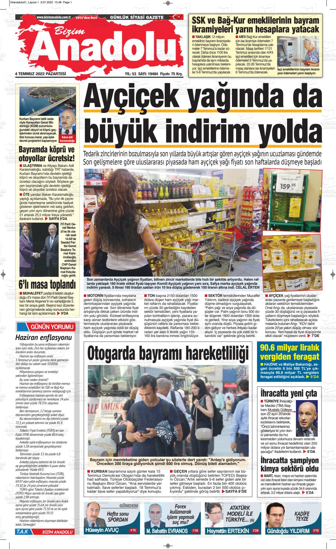 04 Temmuz 2022 Bizim Anadolu Gazete Manşeti