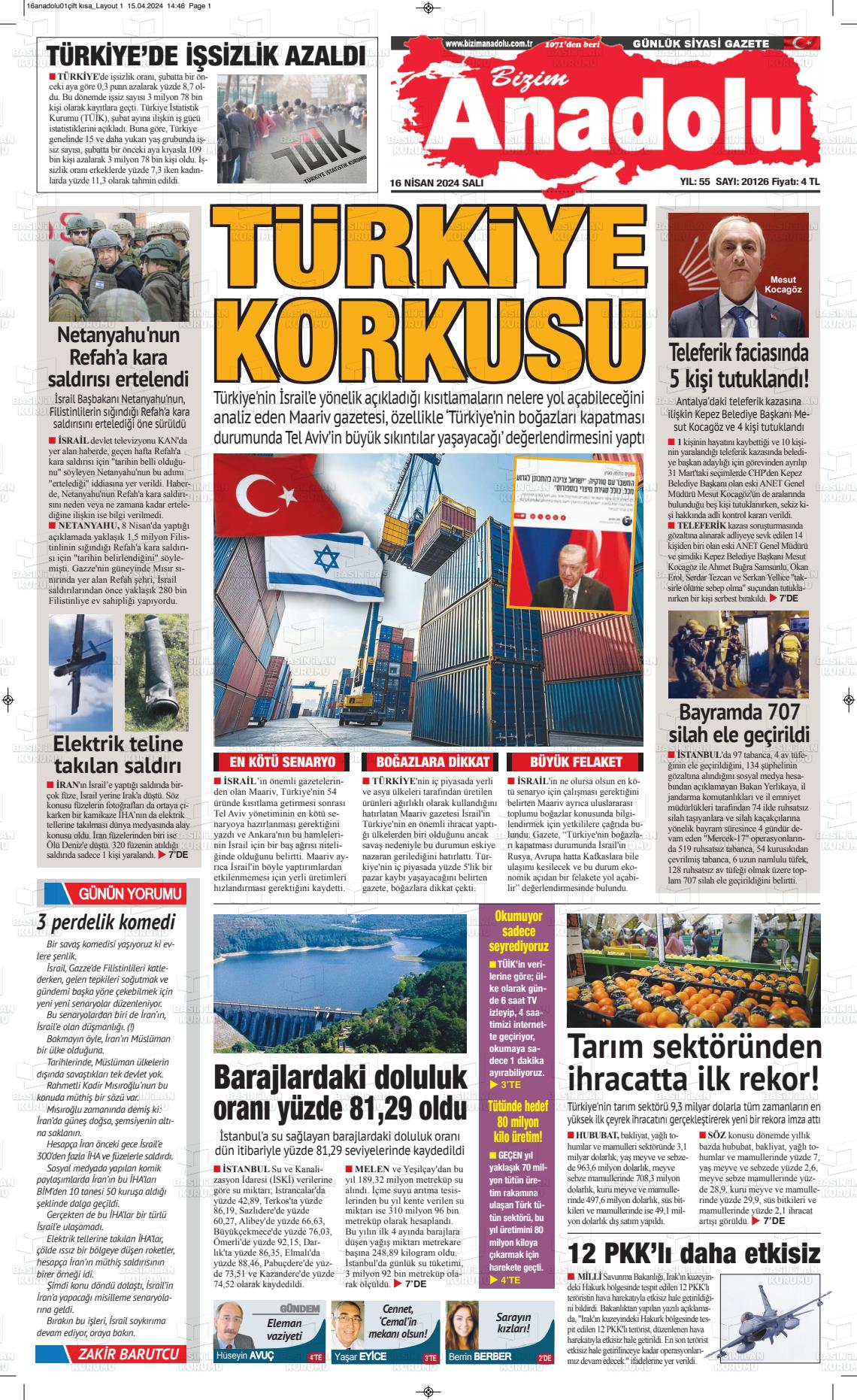18 Nisan 2024 Bizim Anadolu Gazete Manşeti