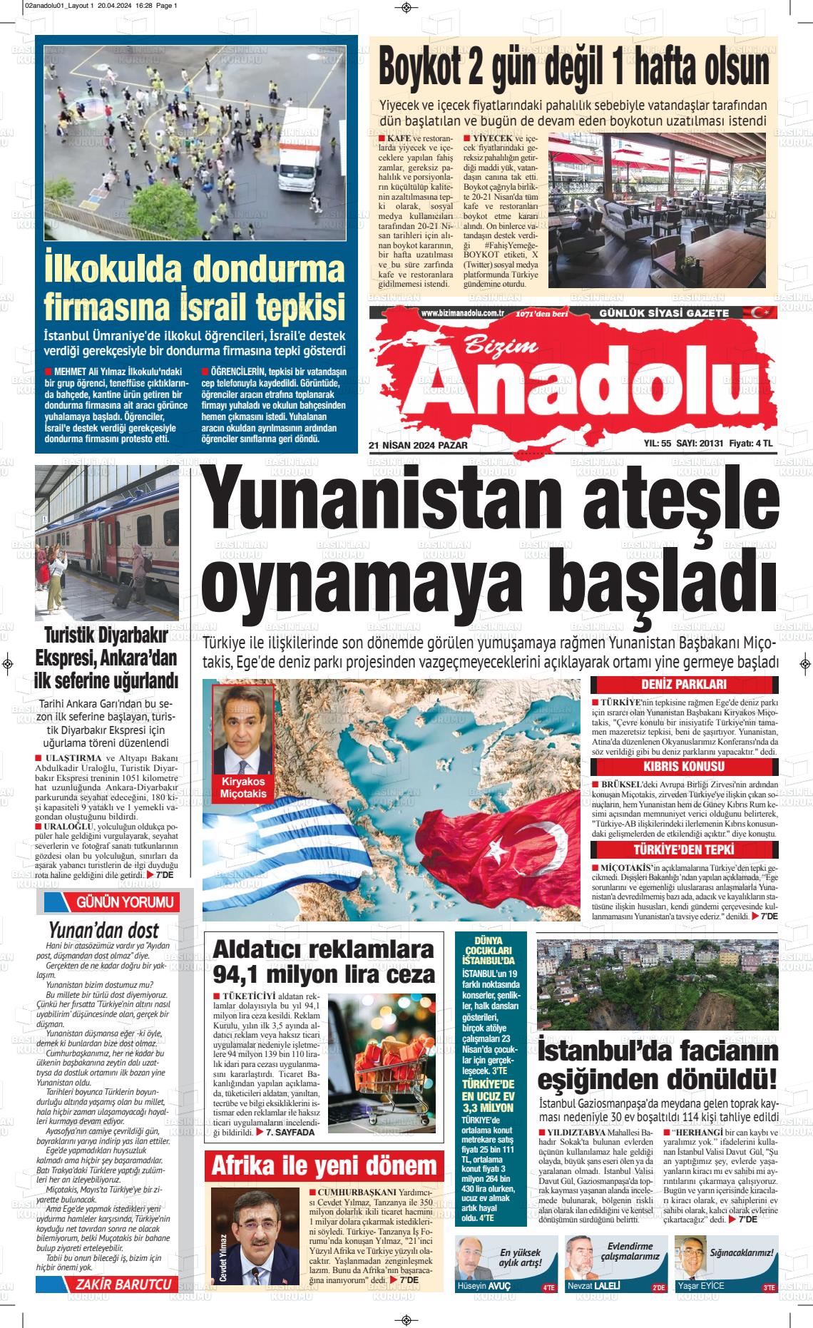 24 Nisan 2024 Bizim Anadolu Gazete Manşeti