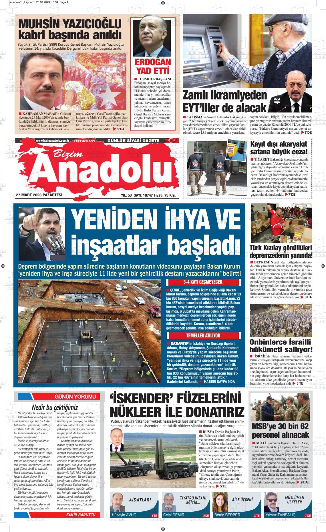 27 Mart 2023 Bizim Anadolu Gazete Manşeti