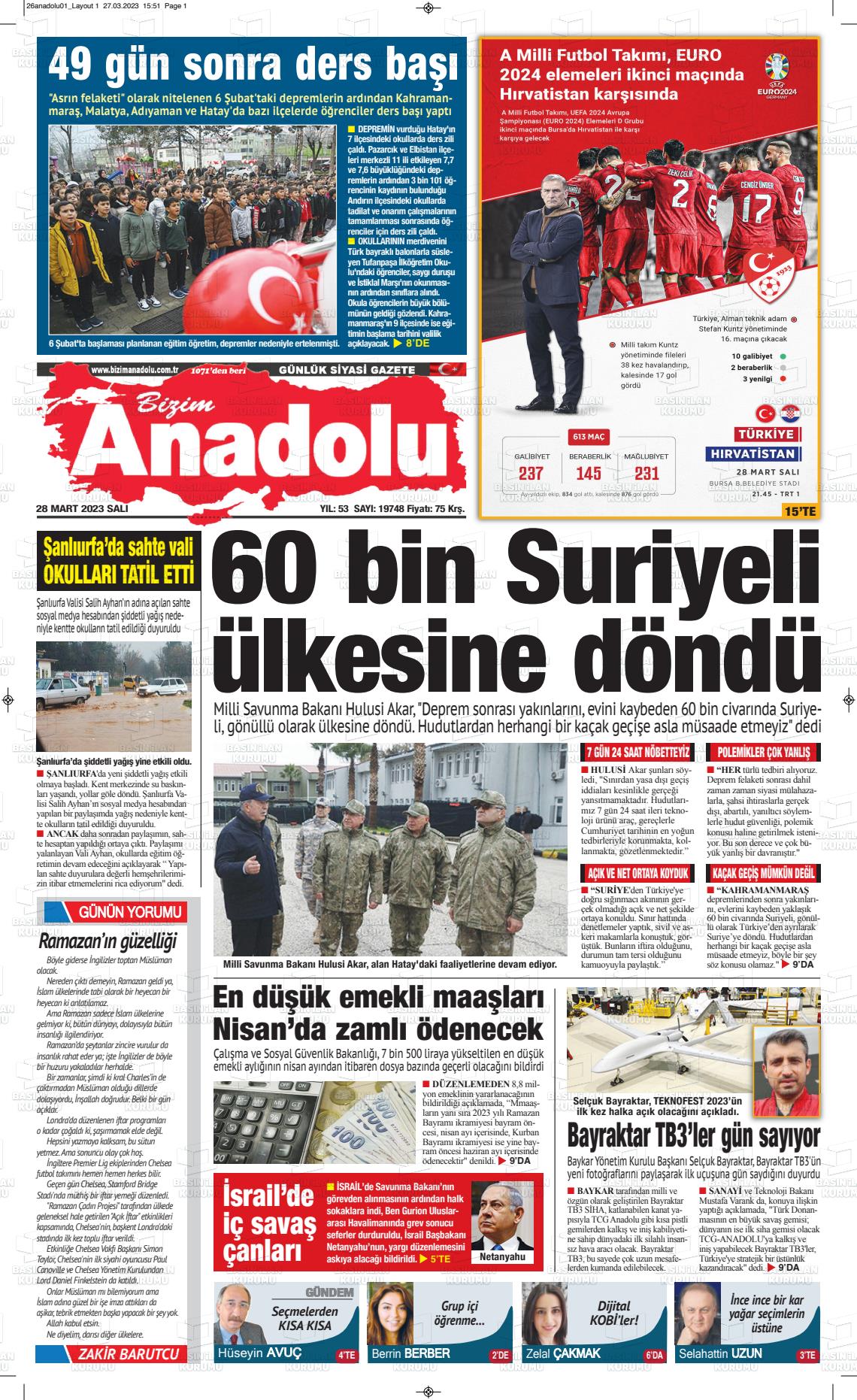 28 Mart 2023 Bizim Anadolu Gazete Manşeti