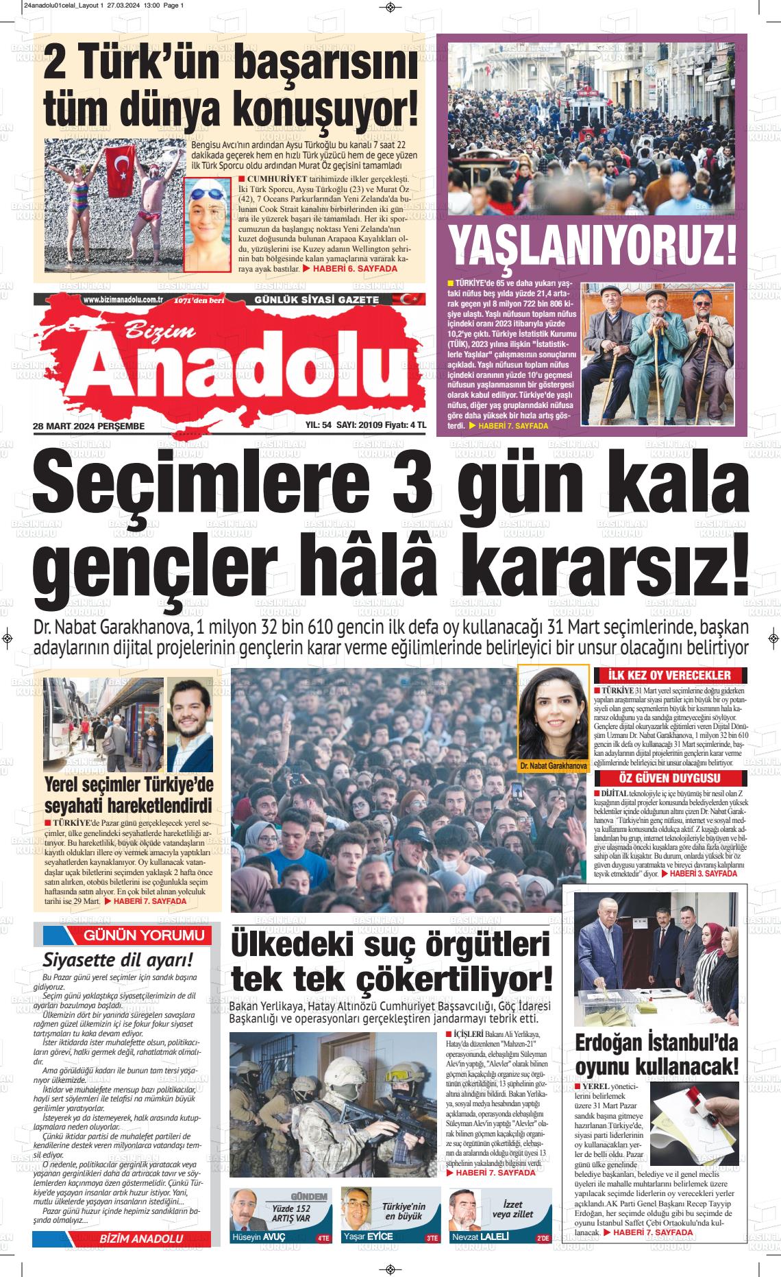 28 Mart 2024 Bizim Anadolu Gazete Manşeti