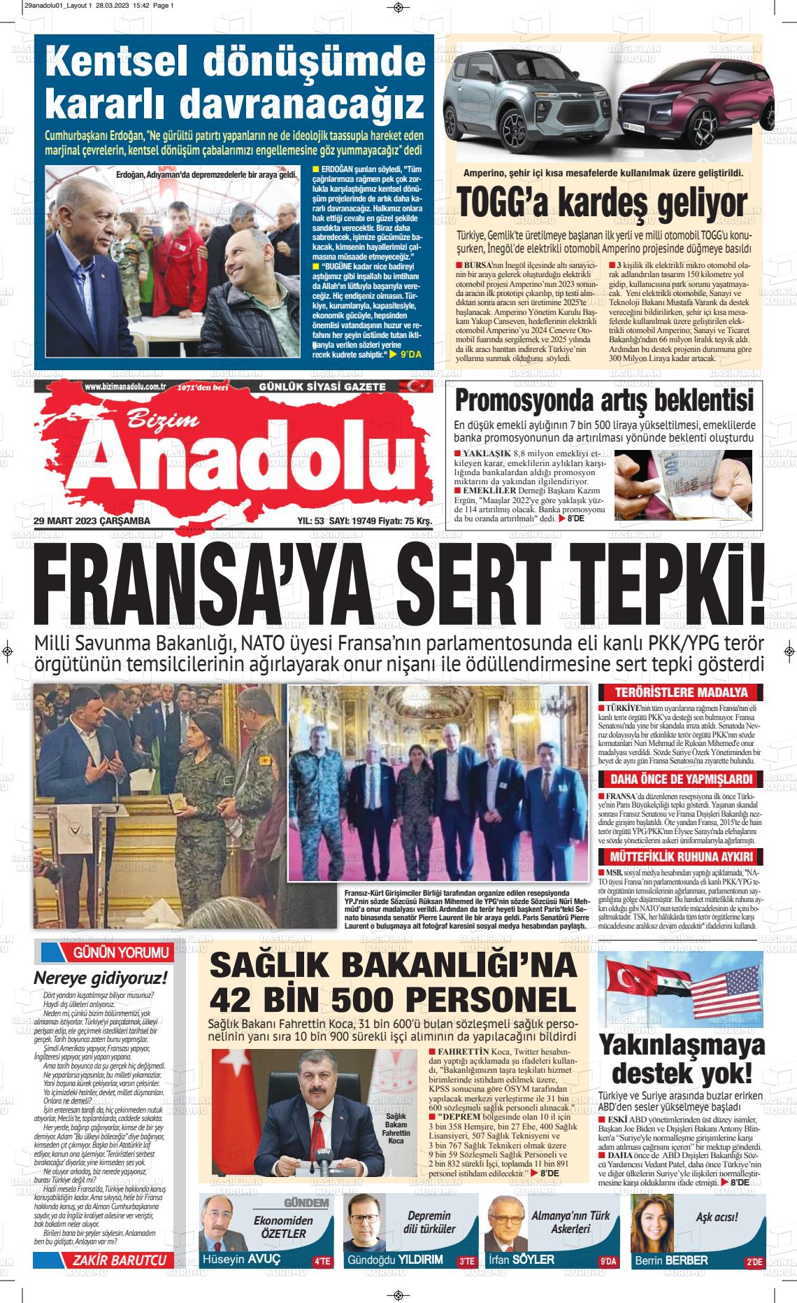 29 Mart 2023 Bizim Anadolu Gazete Manşeti