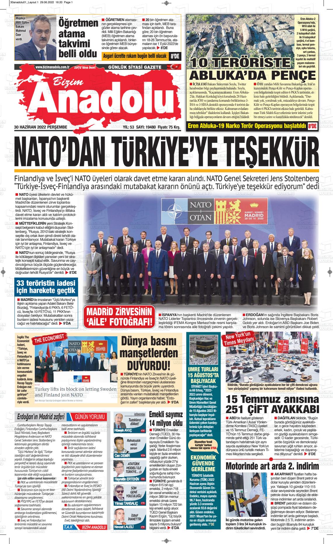 01 Temmuz 2022 Bizim Anadolu Gazete Manşeti