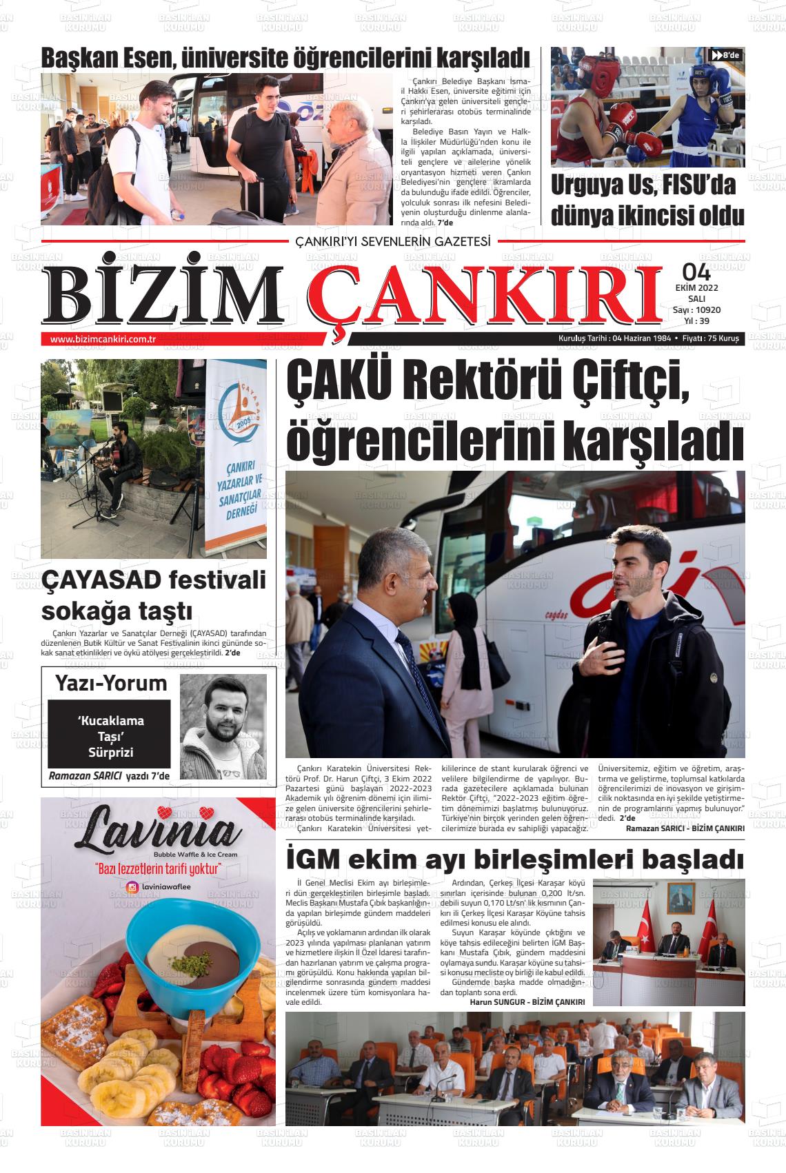 04 Ekim 2022 Bizim Çankırı Gazete Manşeti
