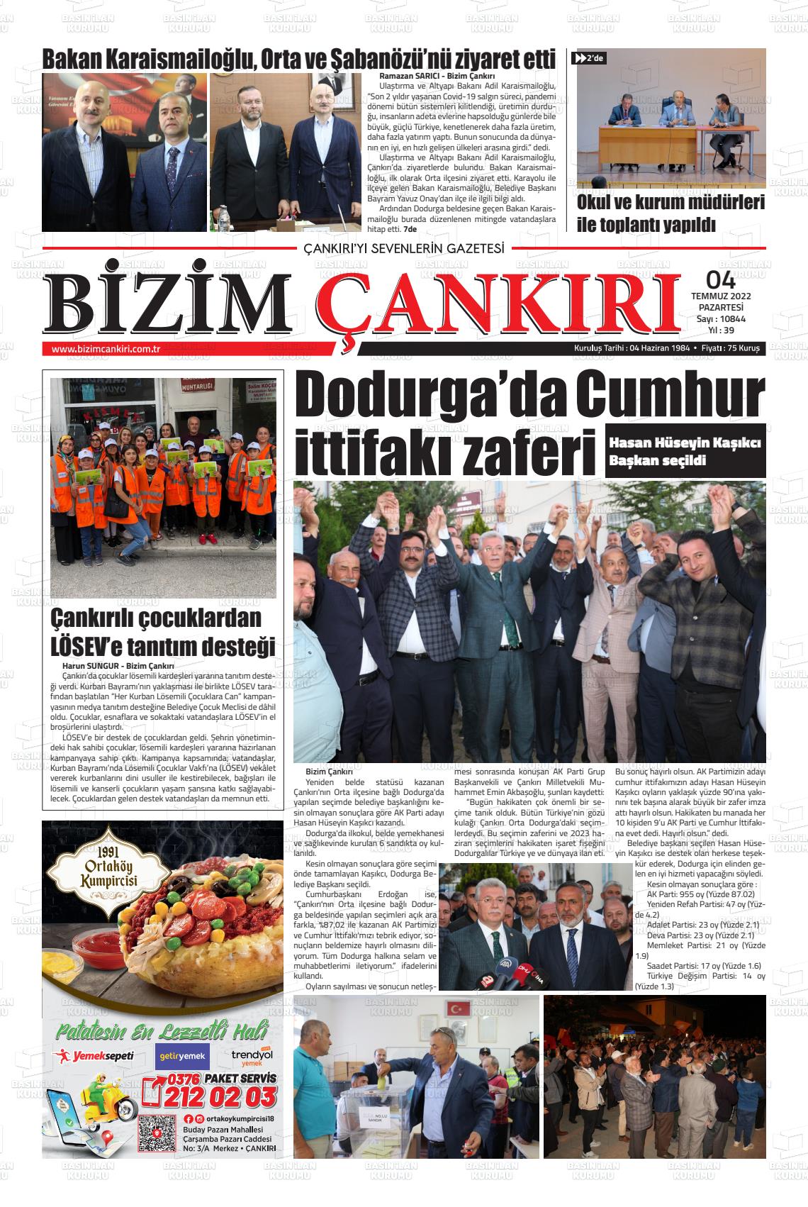 04 Temmuz 2022 Bizim Çankırı Gazete Manşeti