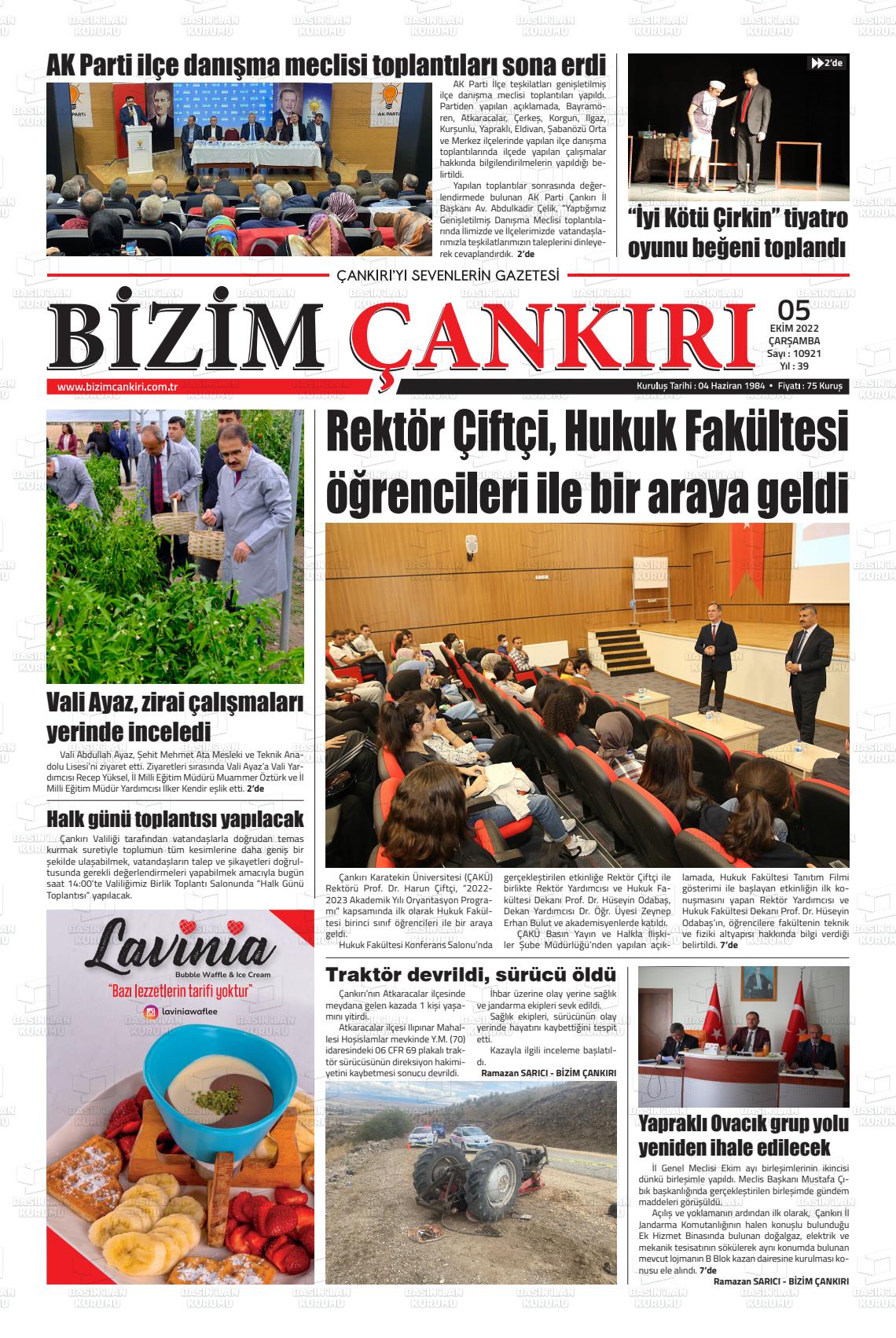 05 Ekim 2022 Bizim Çankırı Gazete Manşeti