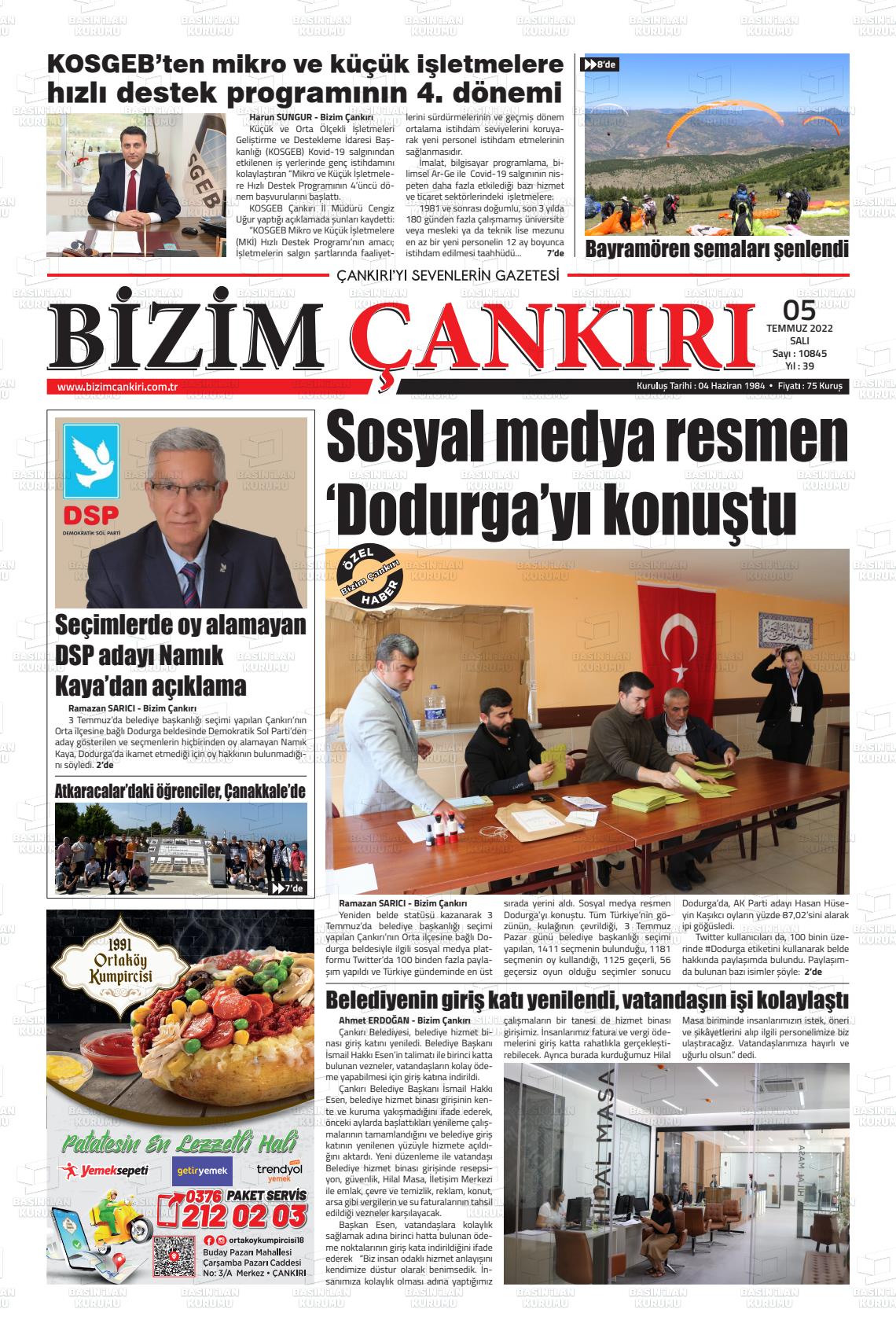 05 Temmuz 2022 Bizim Çankırı Gazete Manşeti