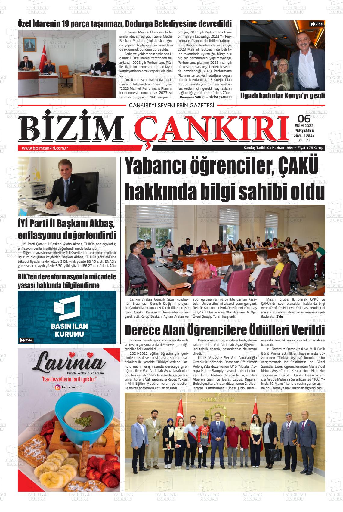 06 Ekim 2022 Bizim Çankırı Gazete Manşeti