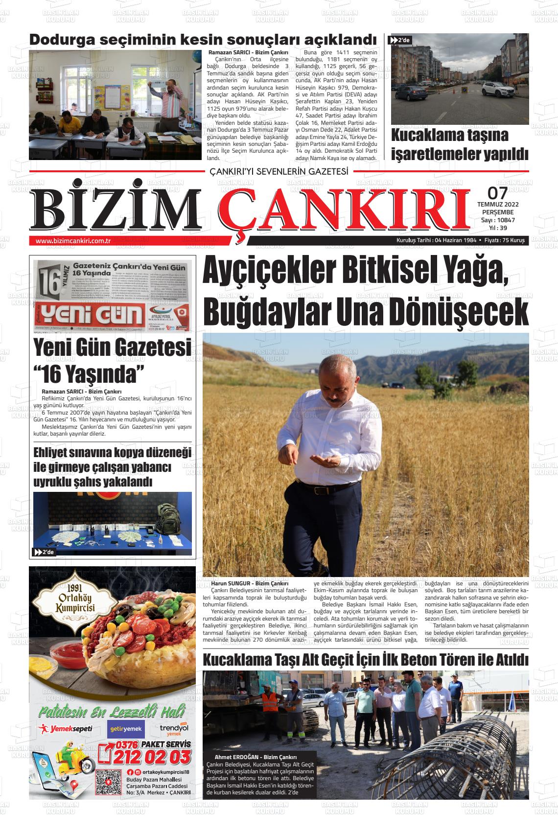 07 Temmuz 2022 Bizim Çankırı Gazete Manşeti