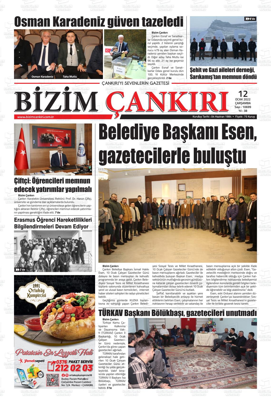 12 Ocak 2022 Bizim Çankırı Gazete Manşeti