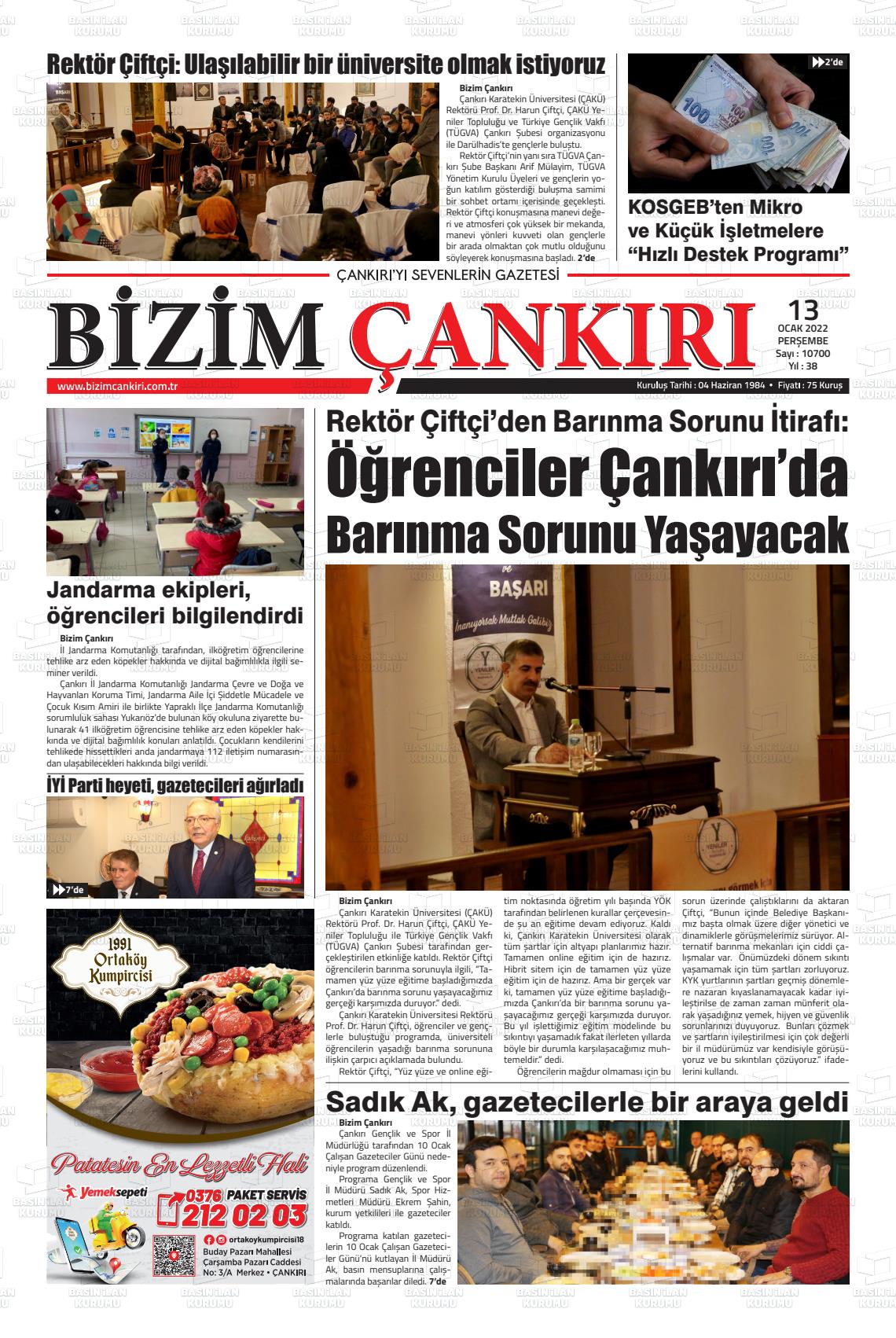 13 Ocak 2022 Bizim Çankırı Gazete Manşeti