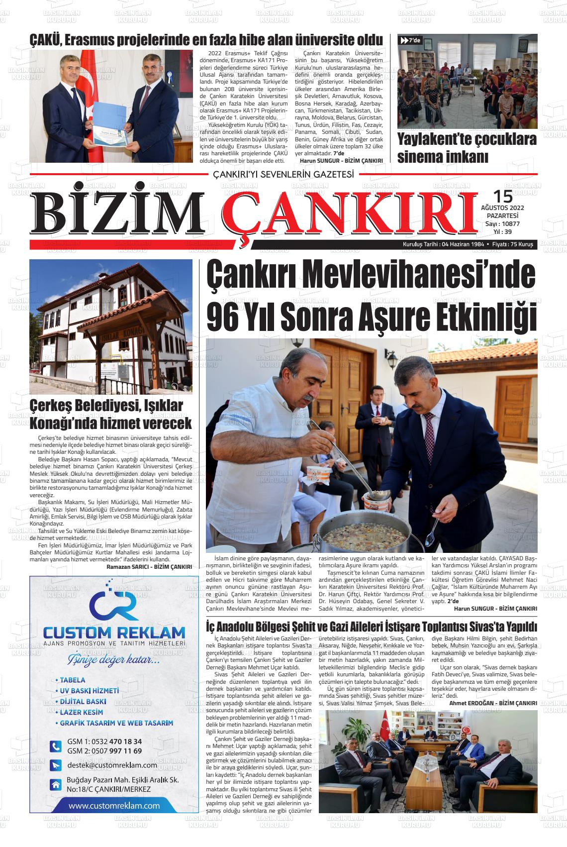 15 Ağustos 2022 Bizim Çankırı Gazete Manşeti