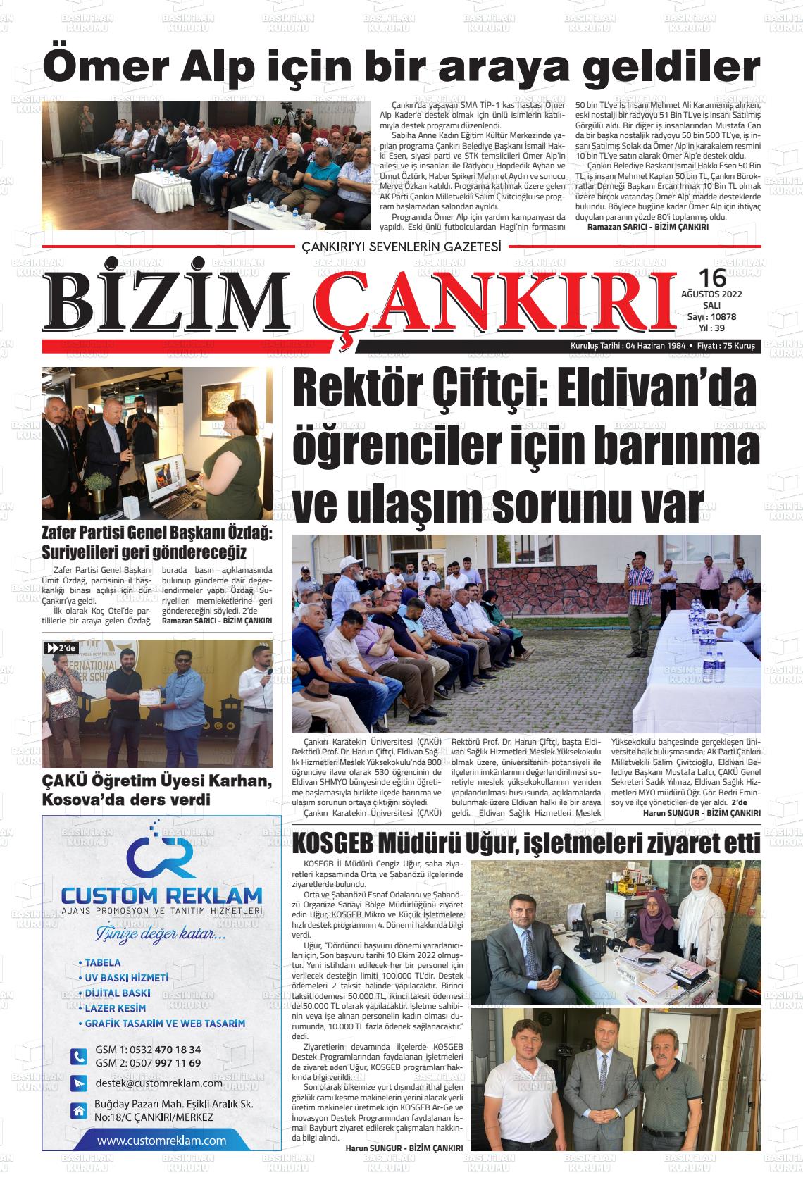 16 Ağustos 2022 Bizim Çankırı Gazete Manşeti