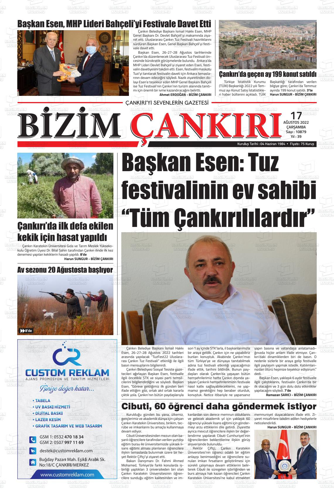 17 Ağustos 2022 Bizim Çankırı Gazete Manşeti