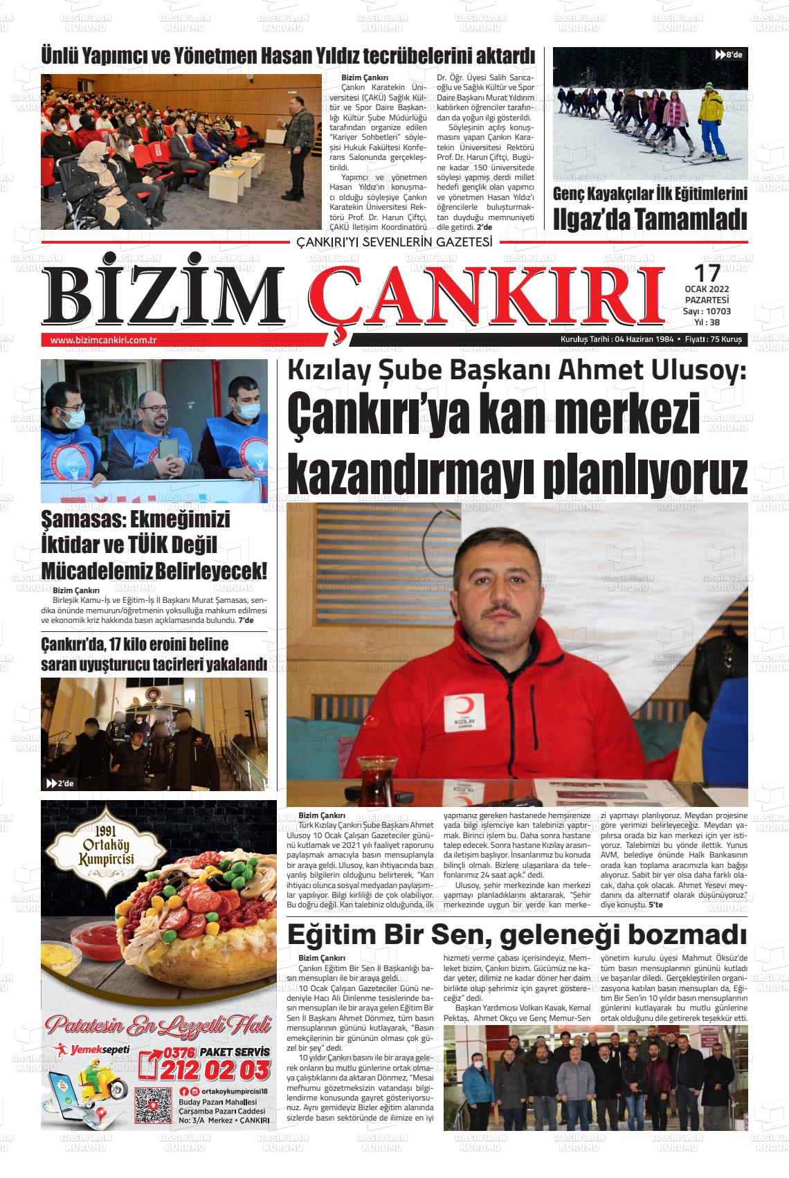 17 Ocak 2022 Bizim Çankırı Gazete Manşeti