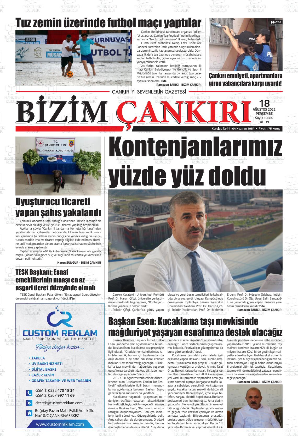 18 Ağustos 2022 Bizim Çankırı Gazete Manşeti