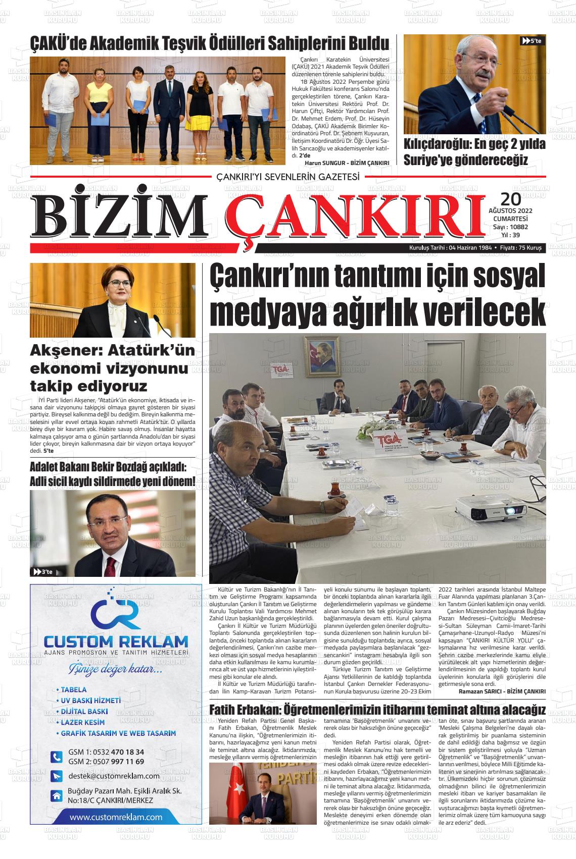 20 Ağustos 2022 Bizim Çankırı Gazete Manşeti