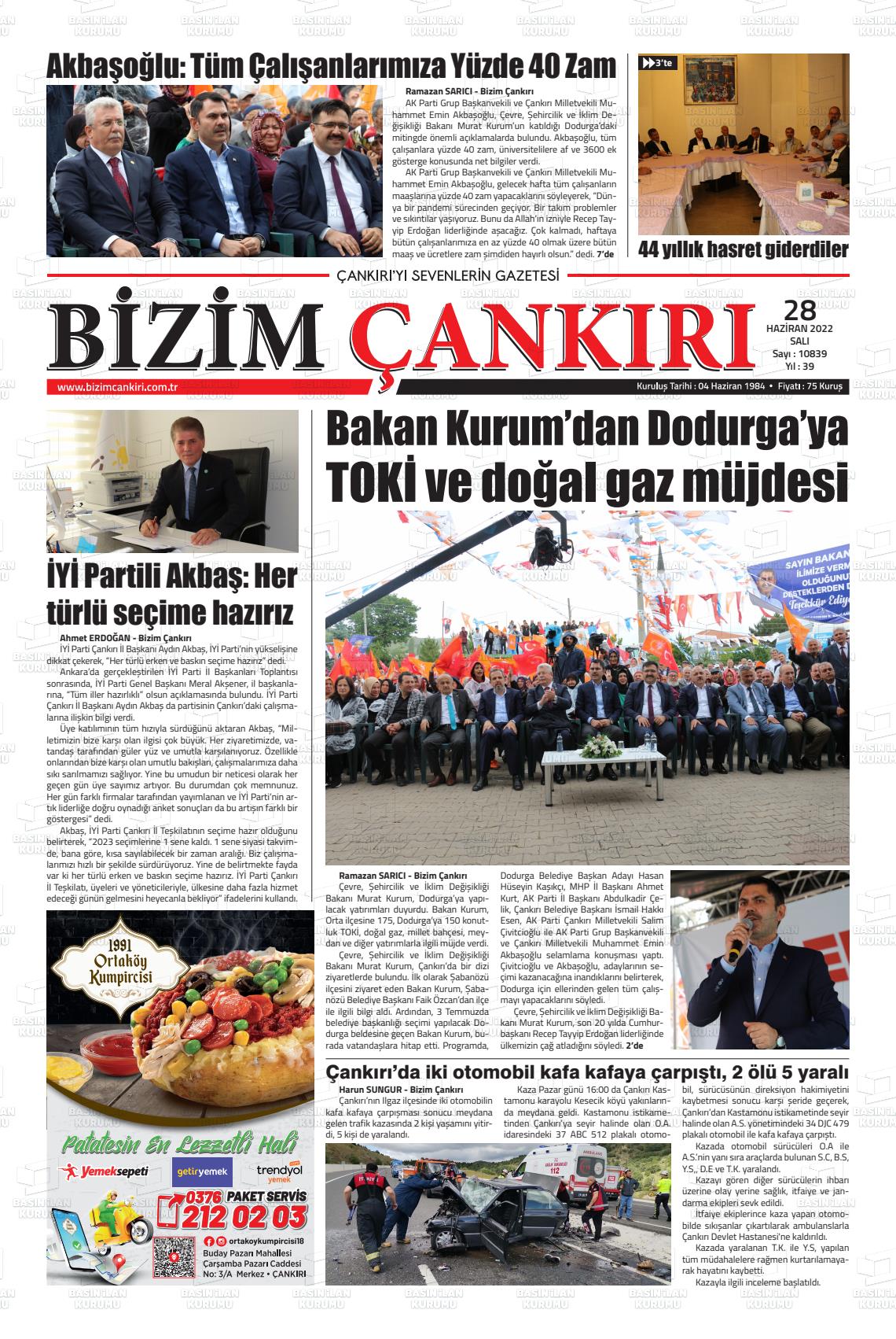 28 Haziran 2022 Bizim Çankırı Gazete Manşeti