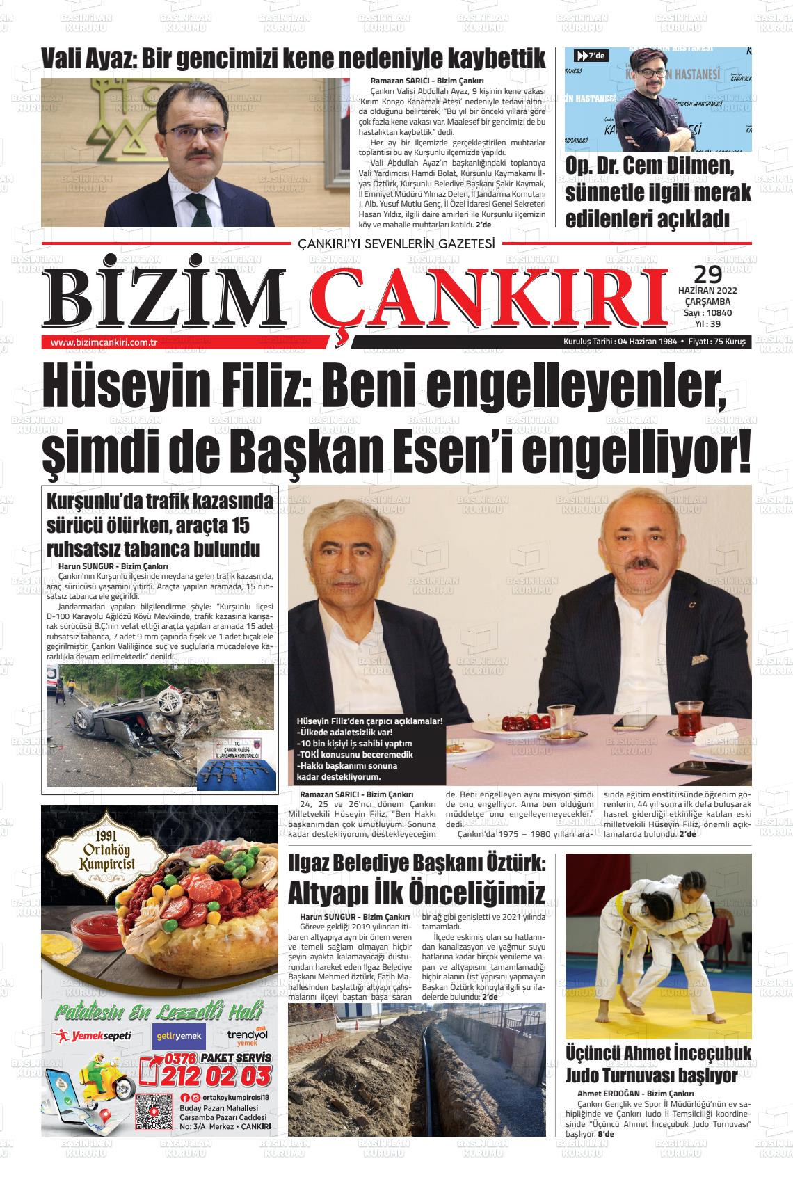 29 Haziran 2022 Bizim Çankırı Gazete Manşeti