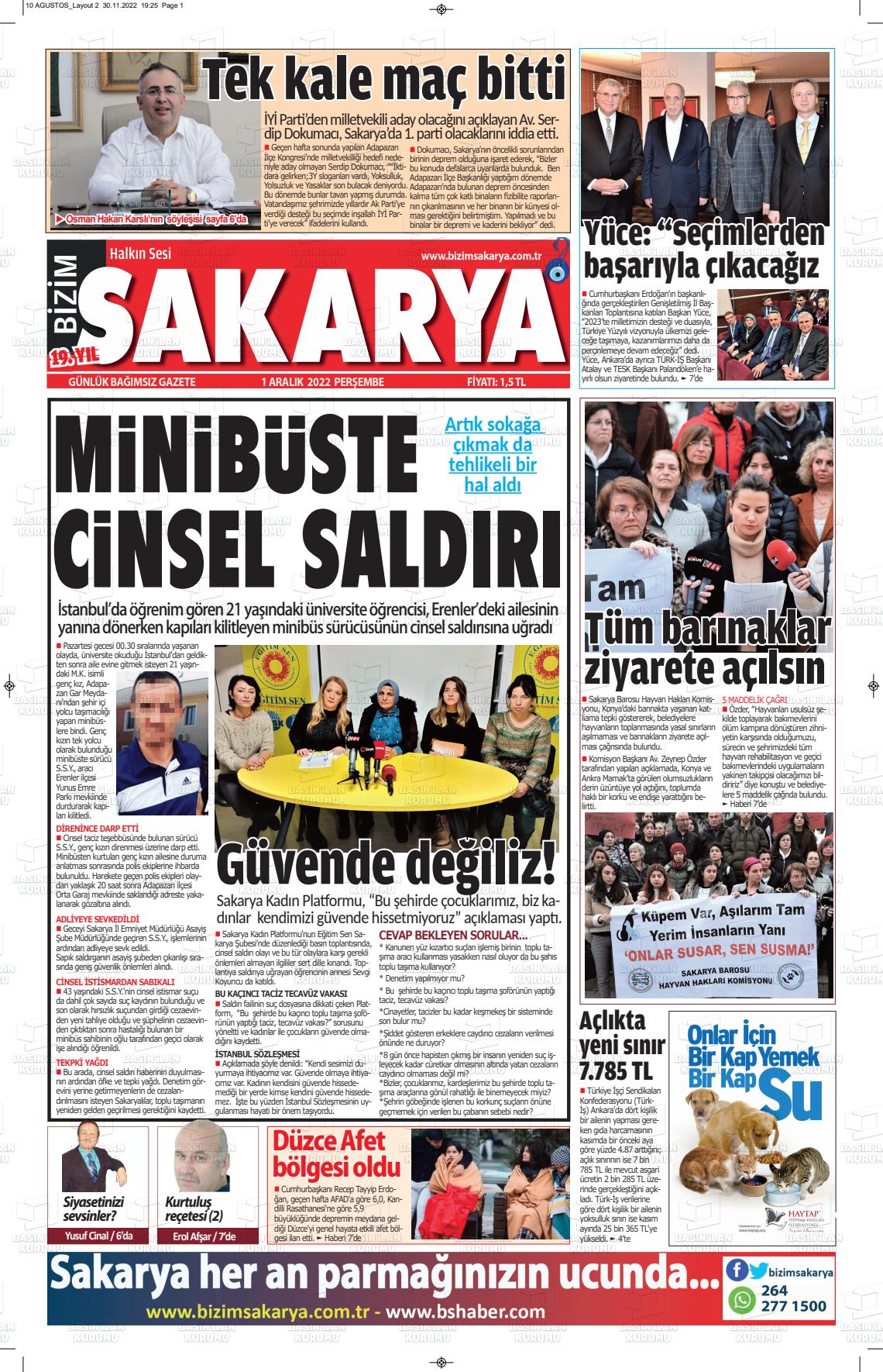 01 Aralık 2022 Bizim Sakarya Gazete Manşeti