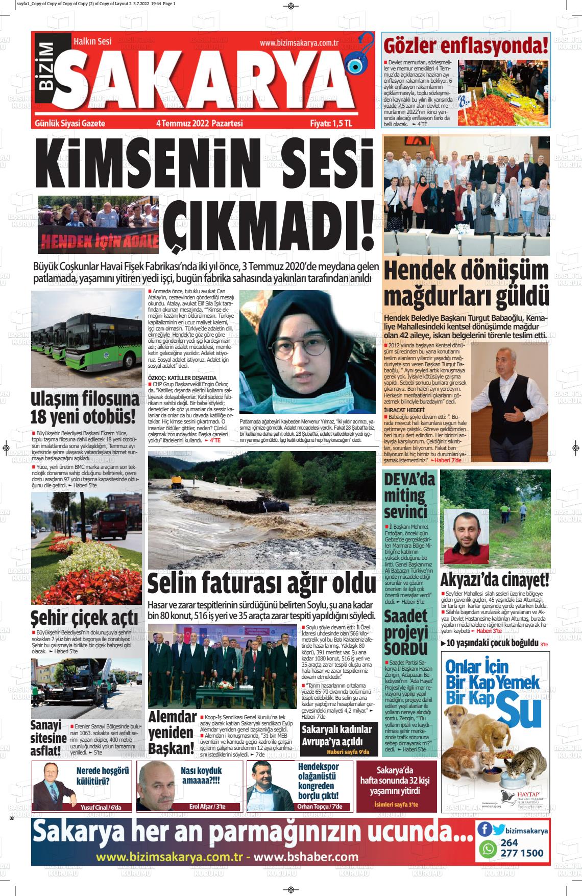 04 Temmuz 2022 Bizim Sakarya Gazete Manşeti