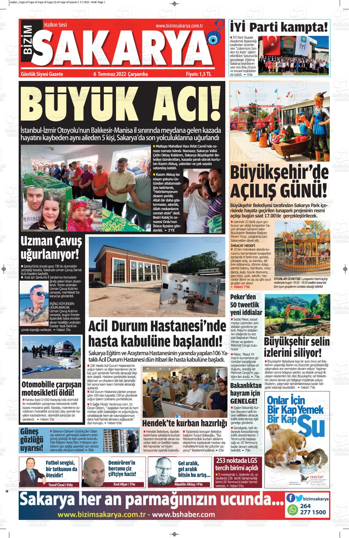 06 Temmuz 2022 Bizim Sakarya Gazete Manşeti