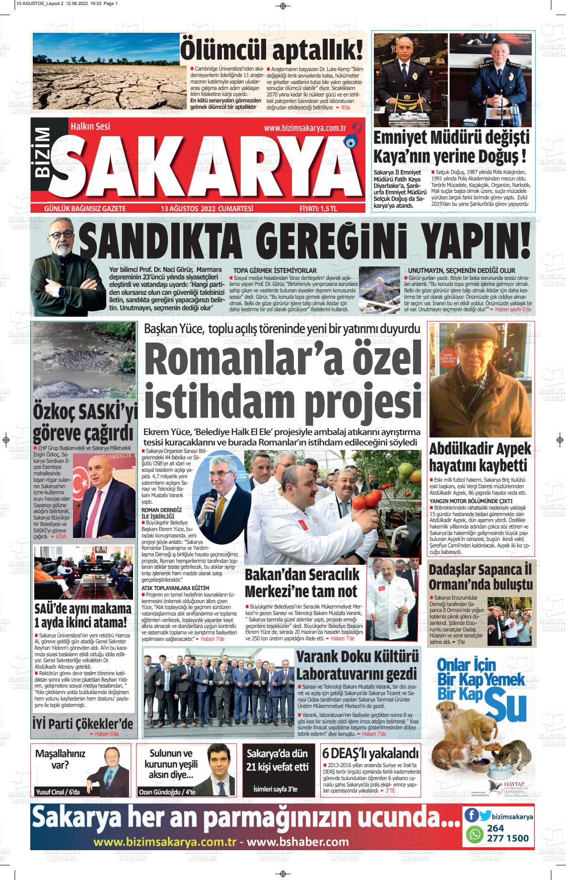 13 Ağustos 2022 Bizim Sakarya Gazete Manşeti