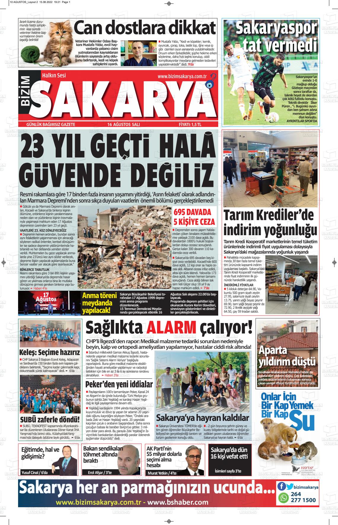 16 Ağustos 2022 Bizim Sakarya Gazete Manşeti