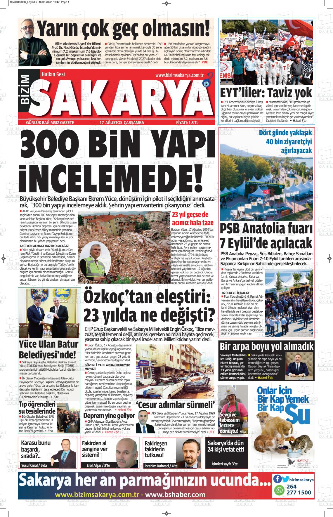 17 Ağustos 2022 Bizim Sakarya Gazete Manşeti