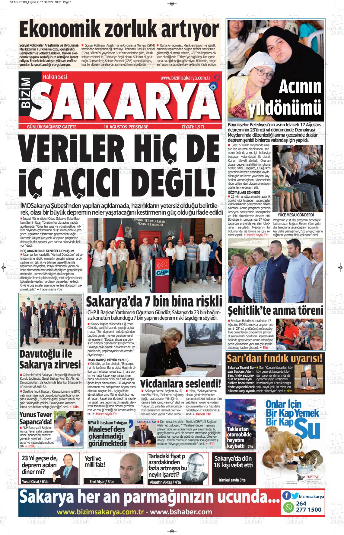18 Ağustos 2022 Bizim Sakarya Gazete Manşeti