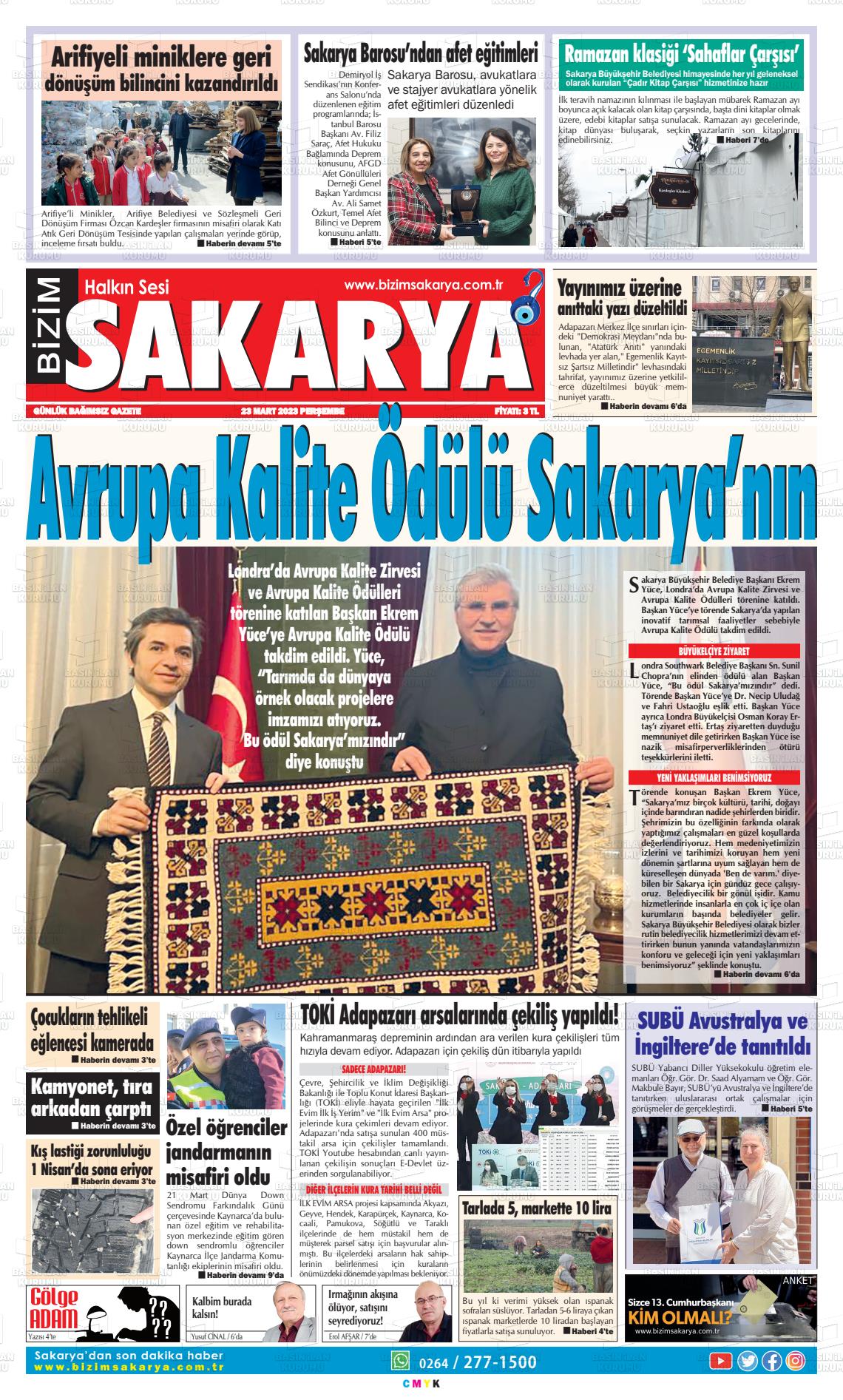 23 Mart 2023 Bizim Sakarya Gazete Manşeti
